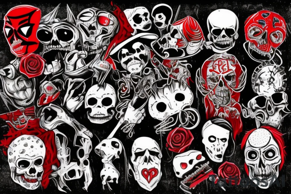 trash polka, full sleeve with side neck, black and red, without skulls tattoo idea