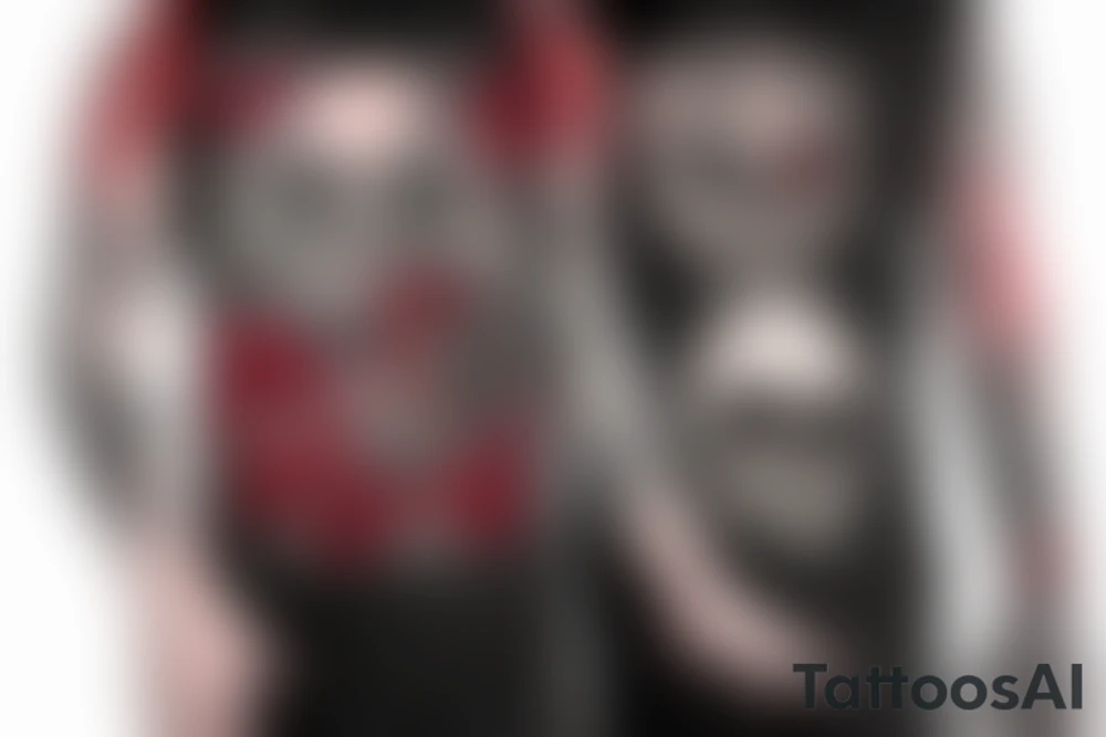 trash polka, full sleeve with side neck, black and red, without skulls tattoo idea