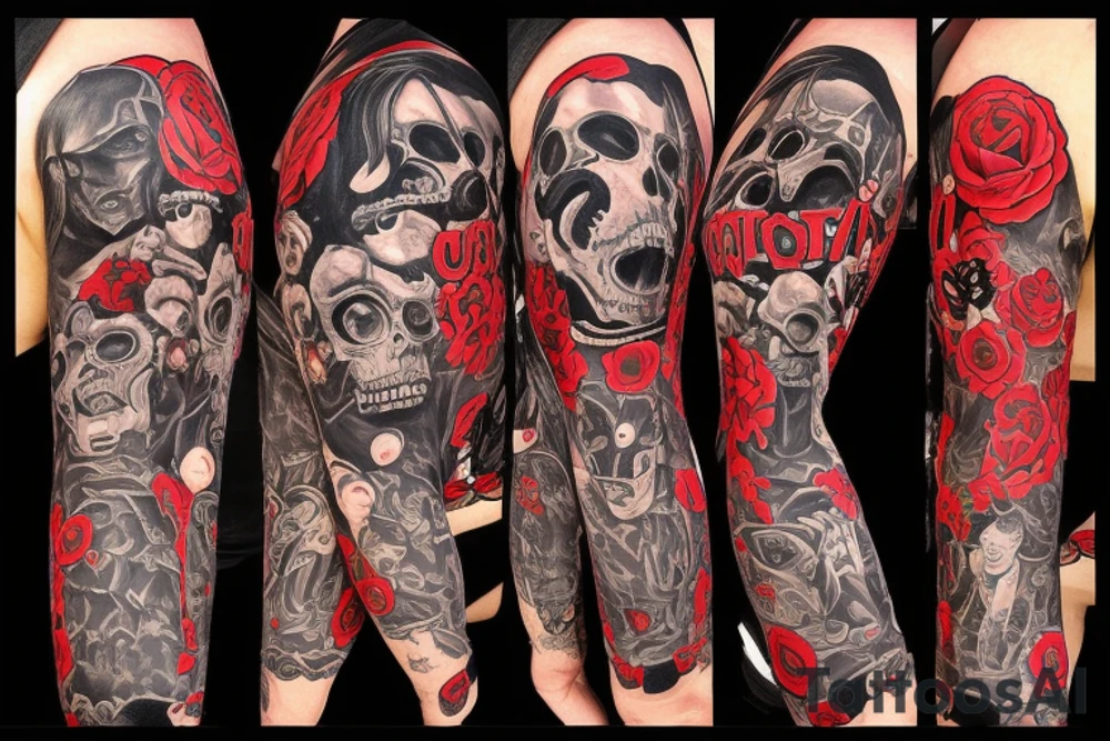 trash polka, full sleeve with side neck, black and red, without skulls tattoo idea