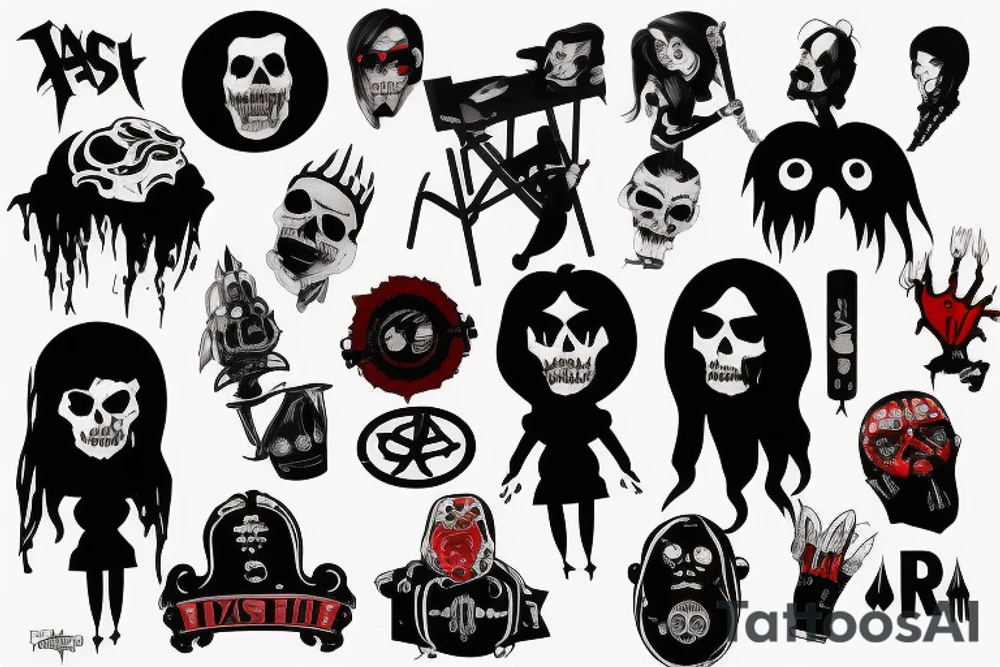trash polka, full sleeve with side neck, black and red, without skulls tattoo idea