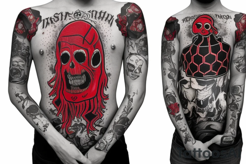 trash polka, full sleeve with side neck, black and red, without skulls tattoo idea