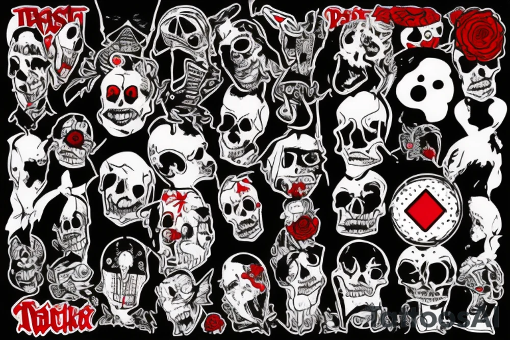 trash polka, full sleeve with side neck, black and red, without skulls tattoo idea