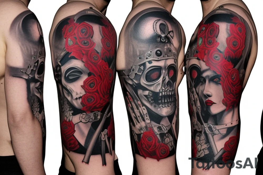trash polka, full sleeve with side neck, black and red, without skulls tattoo idea