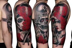 trash polka, full sleeve with side neck, black and red, without skulls tattoo idea