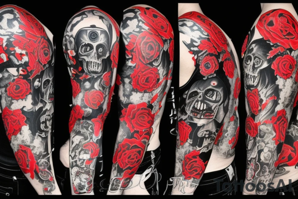 trash polka, full sleeve with side neck, black and red, without skulls tattoo idea