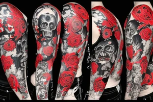 trash polka, full sleeve with side neck, black and red, without skulls tattoo idea