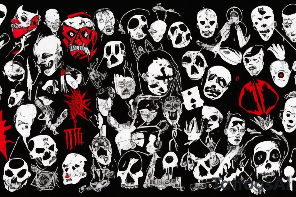 trash polka, full sleeve with side neck, black and red, without skulls tattoo idea