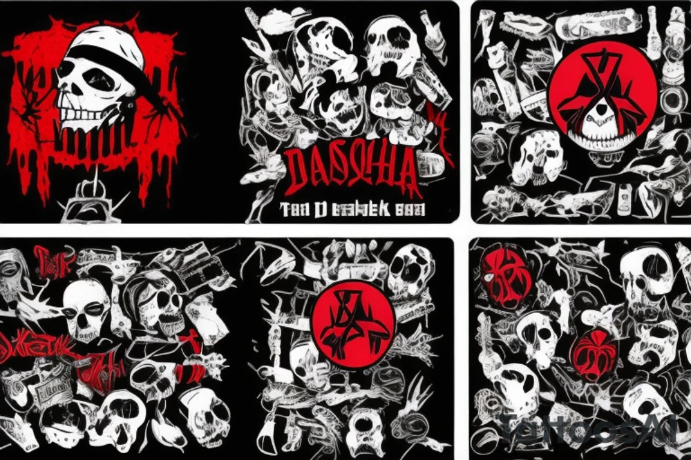 trash polka, full sleeve with side neck, black and red, without skulls tattoo idea