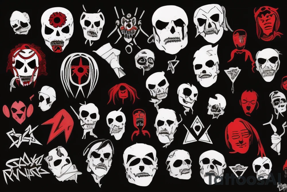 trash polka, full sleeve with side neck, black and red, without skulls tattoo idea