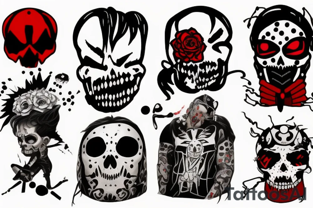 trash polka, full sleeve with side neck, black and red, without skulls tattoo idea