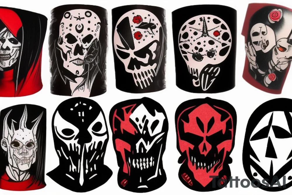 trash polka, full sleeve with side neck, black and red, without skulls tattoo idea