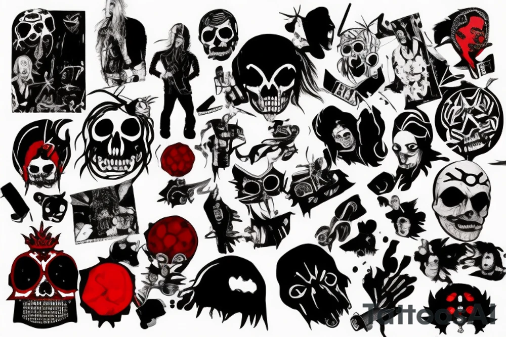 trash polka, full sleeve with side neck, black and red, without skulls tattoo idea