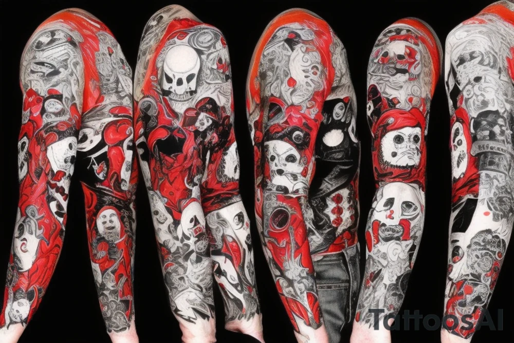 trash polka, full sleeve with side neck, black and red, without skulls tattoo idea
