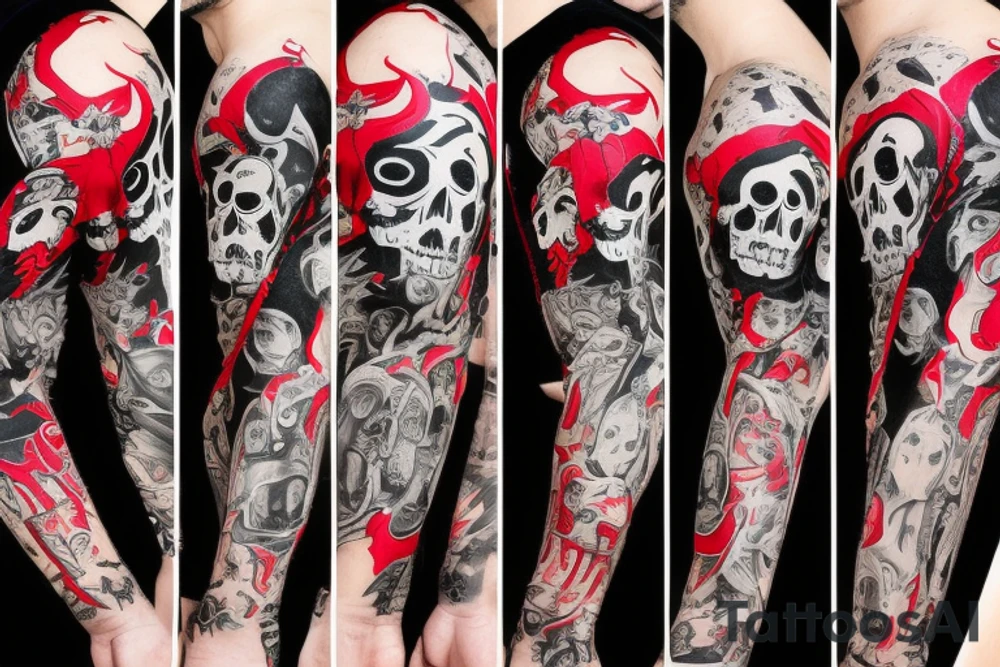 trash polka, full sleeve with side neck, black and red, without skulls tattoo idea