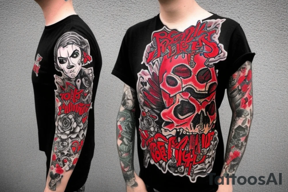 trash polka, full sleeve with side neck, black and red, without skulls tattoo idea