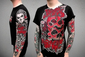 trash polka, full sleeve with side neck, black and red, without skulls tattoo idea