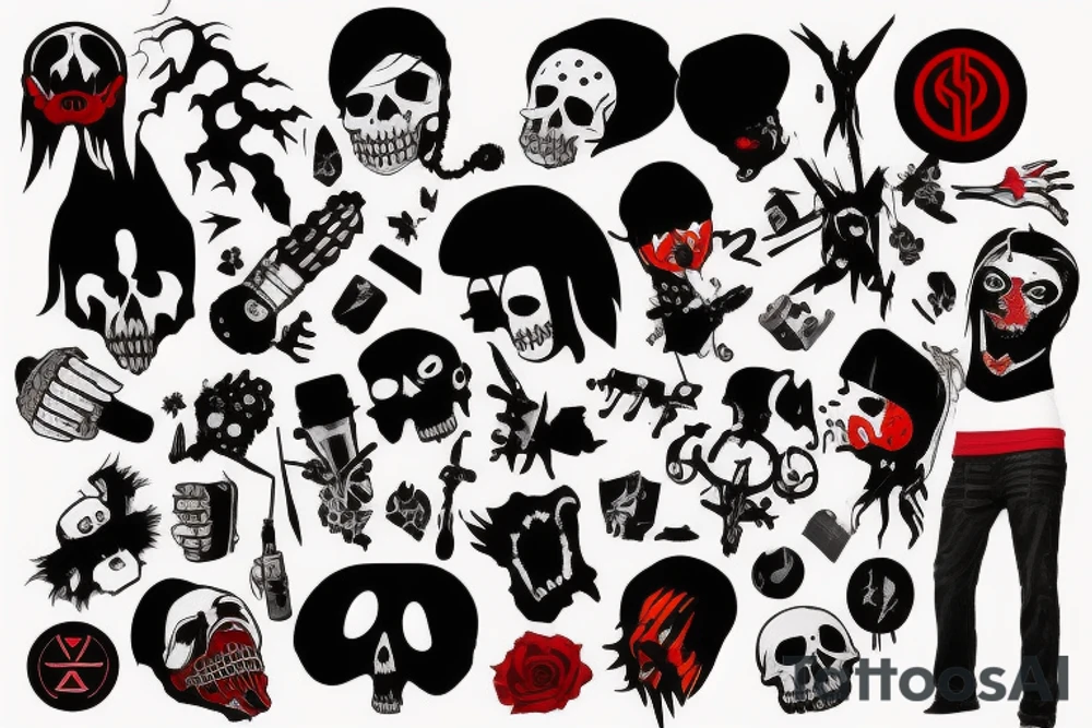 trash polka, full sleeve with side neck, black and red, without skulls tattoo idea