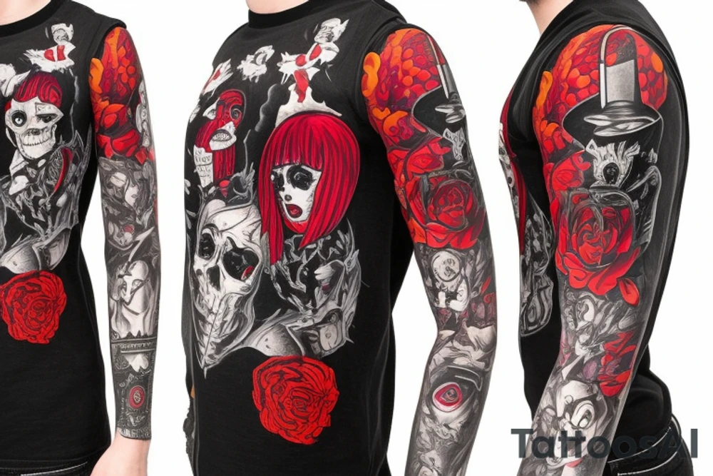trash polka, full sleeve with side neck, black and red, without skulls tattoo idea