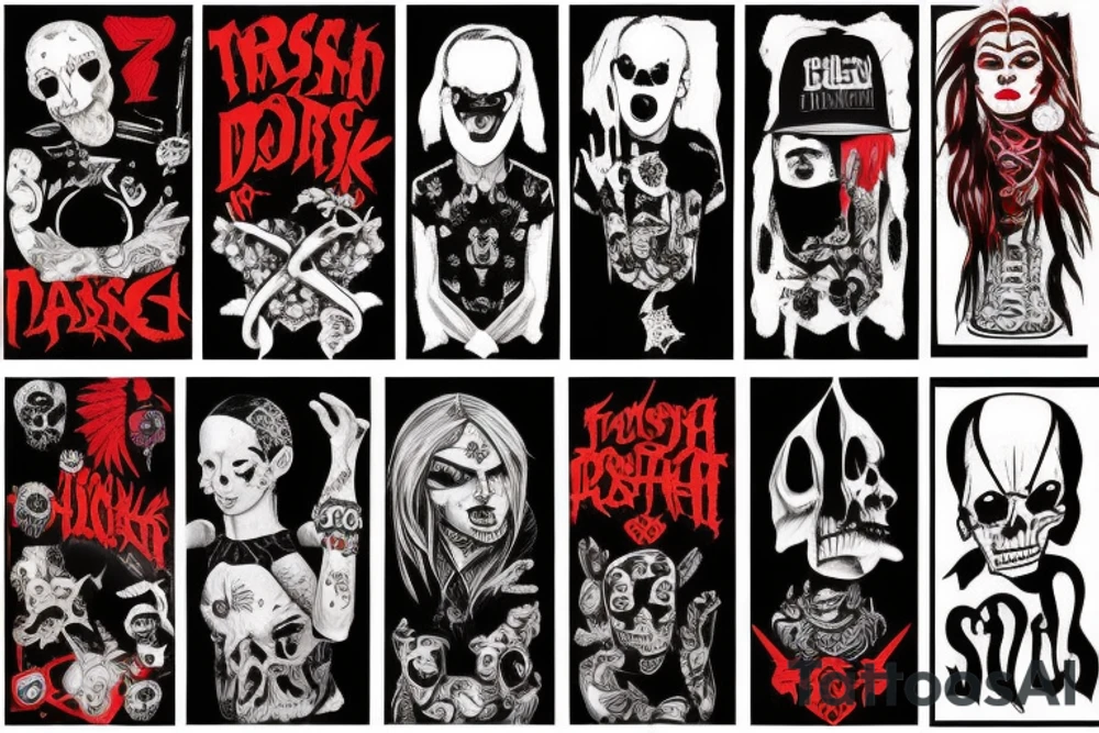 trash polka, full sleeve with side neck, black and red, without skulls tattoo idea