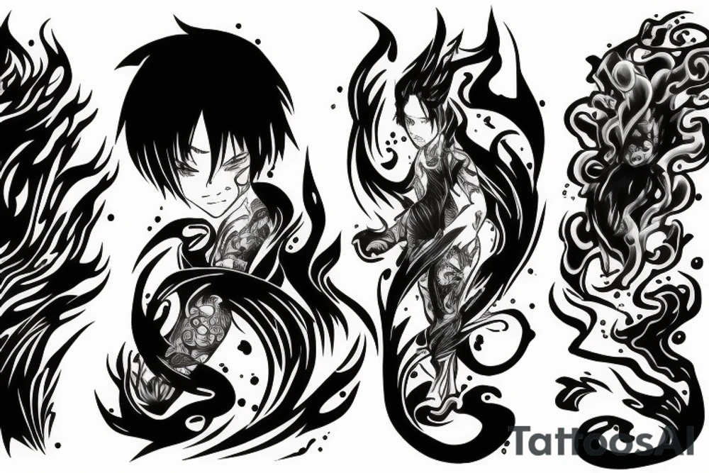 anime character whit fire and water effects tattoo idea