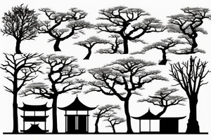 japanese typical building with trees tattoo idea