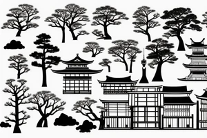 japanese typical building with trees tattoo idea