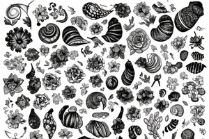 Snail and crystals floral tattoo idea