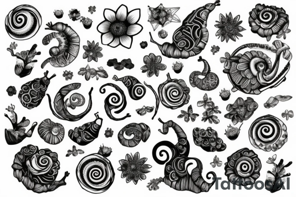 Snail and crystals floral tattoo idea