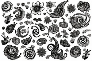 Snail and crystals floral tattoo idea