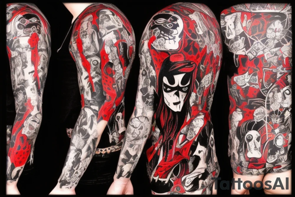 trash polka, full sleeve with side neck, black and red, without skulls tattoo idea