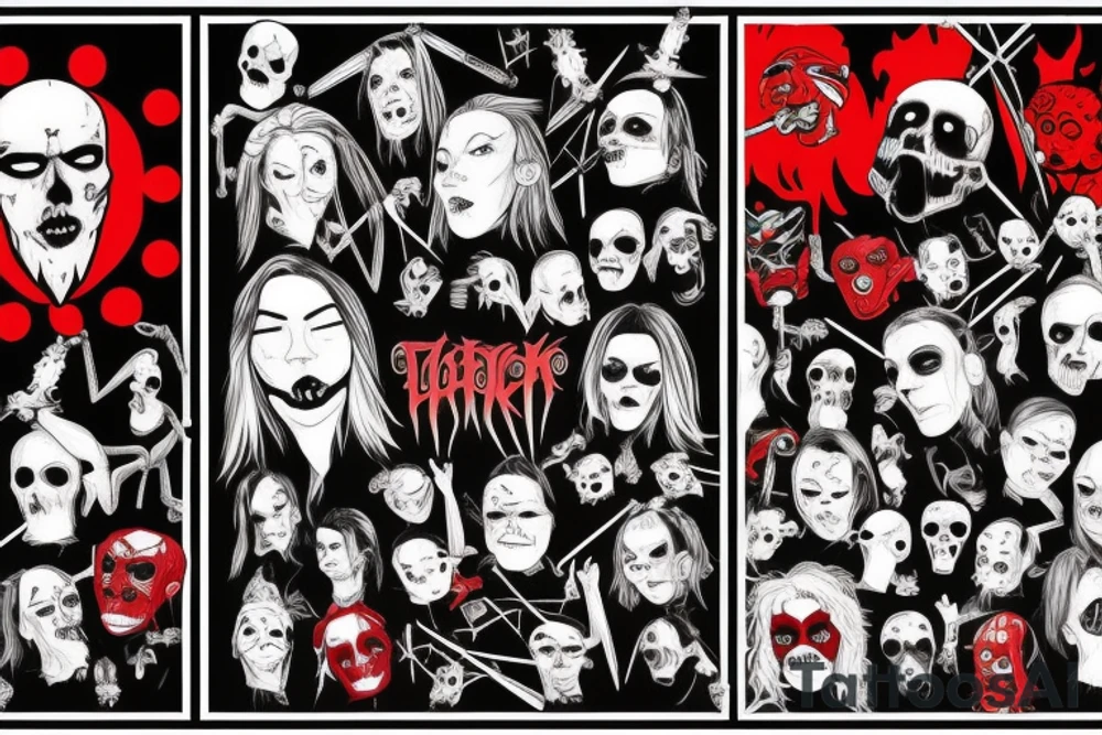trash polka, full sleeve with side neck, black and red, without skulls tattoo idea