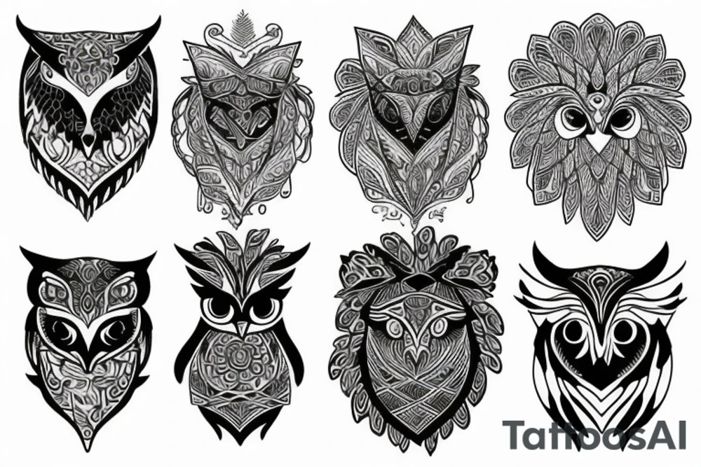 Owl, lion, pitcher, scales tattoo idea