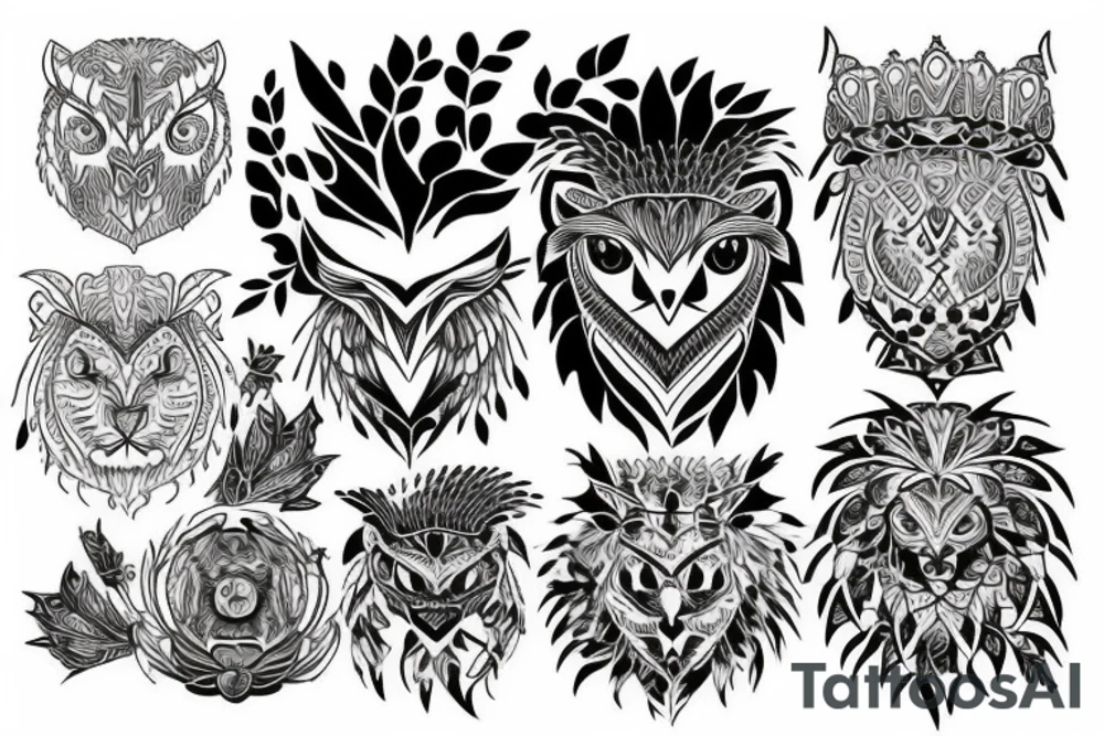 Owl, lion, pitcher, scales tattoo idea