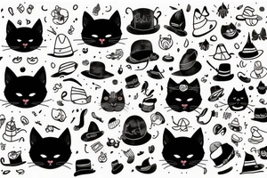 Black cat with a funny hat and sweater tattoo idea