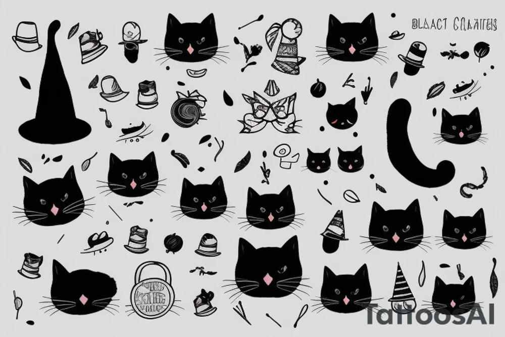 Black cat with a funny hat and sweater tattoo idea