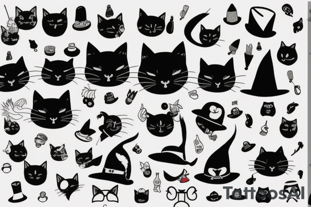 Black cat with a funny hat and sweater tattoo idea