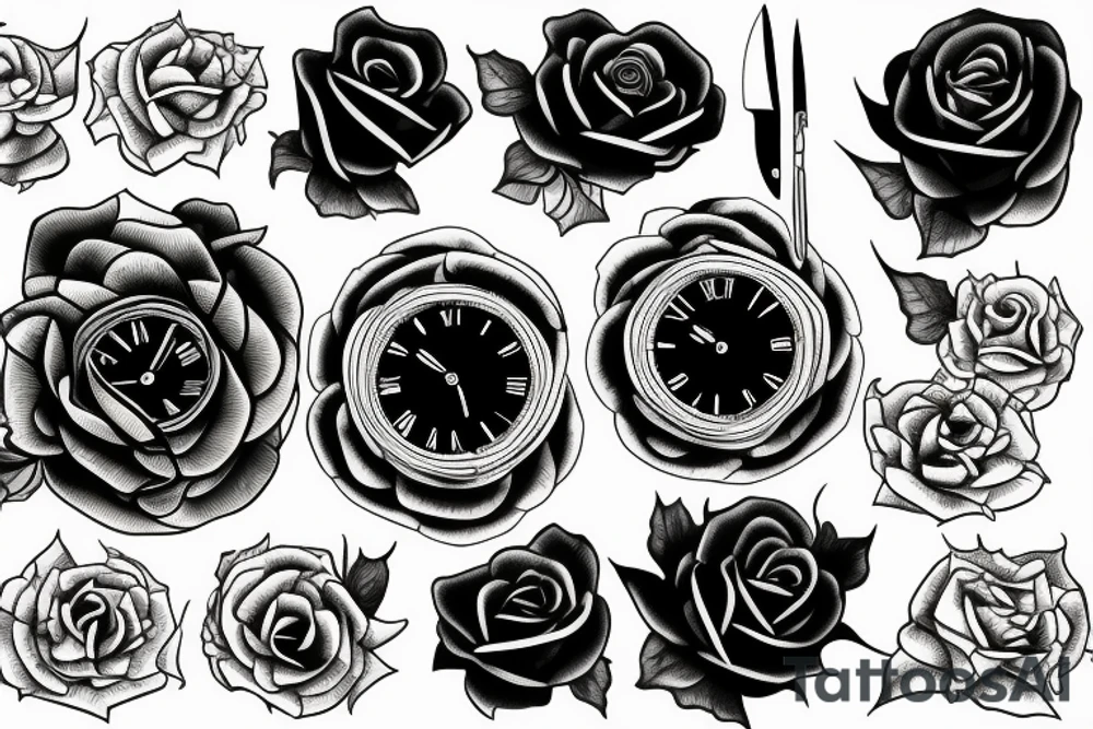 3 roses, a clock and à knife tattoo idea