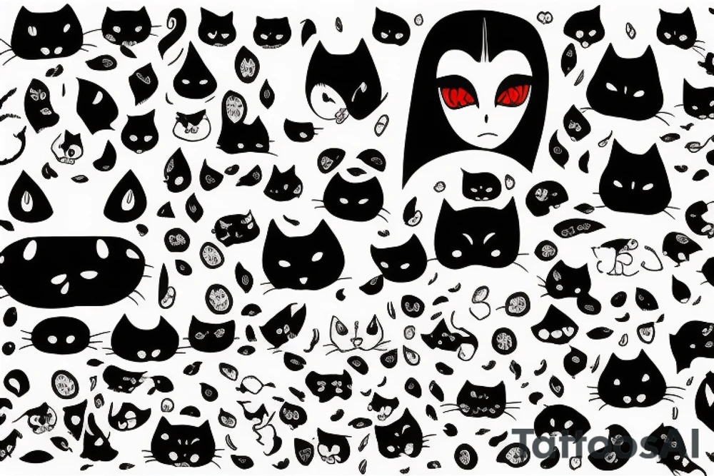 Cat with red eyes and akatsuki patterns tattoo idea