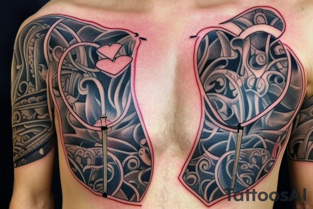 Left chest tattoo.
A realistic zipper running down the middle of the chest.
Left side of the zipper is open exposing the realistic inside of the chest cavity, main feature being the heart.
The heart has gone through multiple surgeries so needs to look like it's been medically repaired.
With another element of left ventricular assist device being smashed by a hammer off with the words COME BACK SAM down the handle tattoo idea