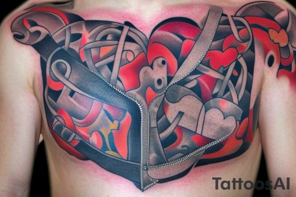Left chest tattoo.
A realistic zipper running down the middle of the chest.
Left side of the zipper is open exposing the realistic inside of the chest cavity, main feature being the heart.
The heart has gone through multiple surgeries so needs to look like it's been medically repaired.
With another element of left ventricular assist device being smashed by a hammer off with the words COME BACK SAM down the handle tattoo idea