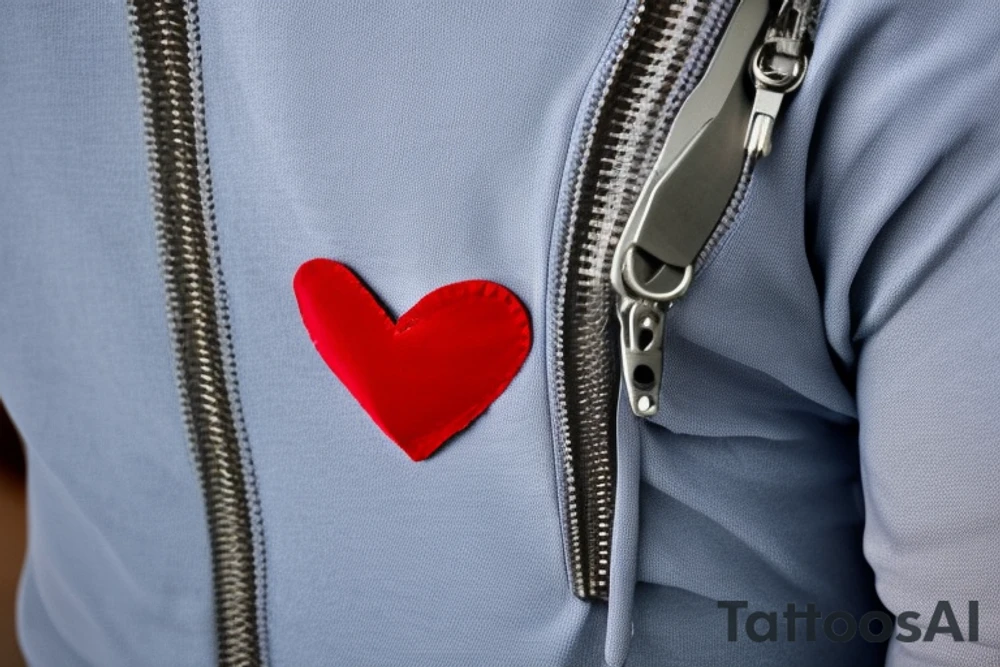 A zipper running down the middle of the chest.
Left side of the zipper is open exposing the realistic inside of the chest cavity, main feature being the heart.
The heart has gone through multiple surgeries so needs to look like it's been medically repaired.
With another element of left ventricular assist device being smashed by a hammer off with the words COME BACK SAM down the handle tattoo idea