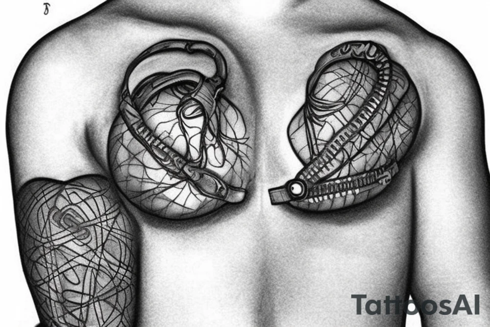 Zipper down the middle of the chest.
Left side of zipper is open most of the way.
A realistic heart being exposed amongst the rest of the inside of the chest
The heart needs to look like it's been through surgey tattoo idea