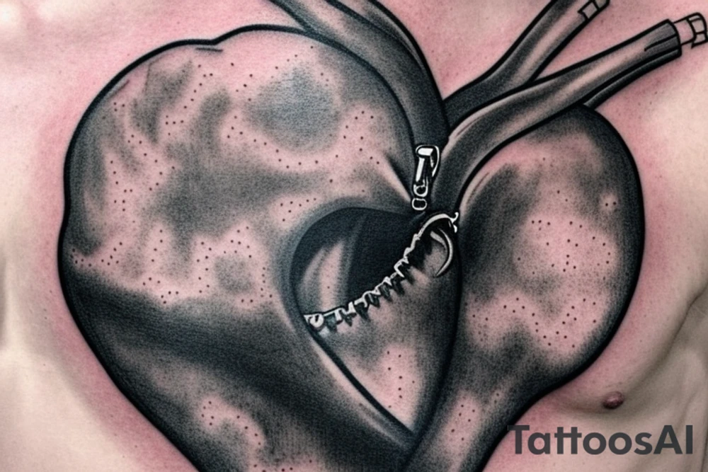 Zipper down the middle of the chest.
Left side of zipper is open most of the way.
A realistic heart being exposed amongst the rest of the inside of the chest
The heart needs to look like it's been through surgey tattoo idea