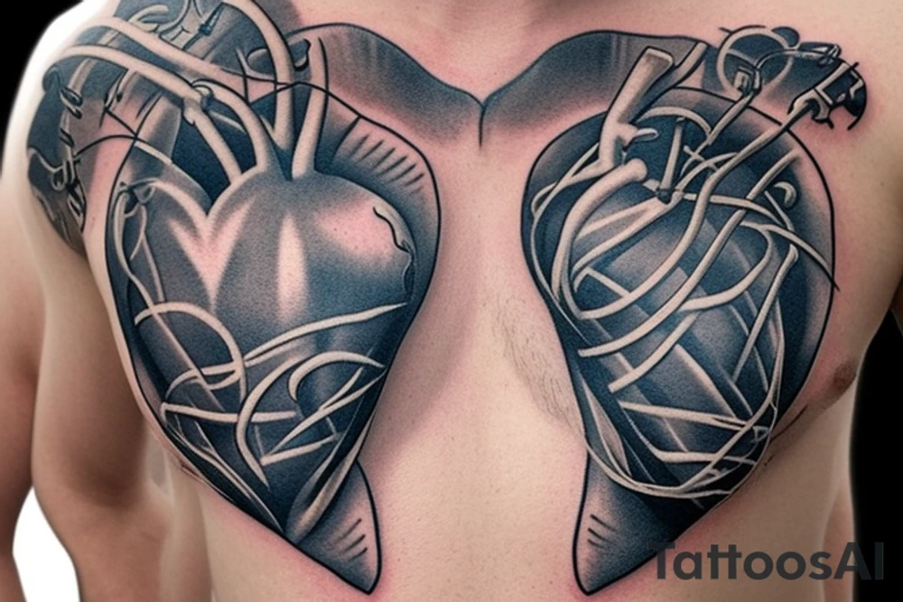 Zipper down the middle of the chest.
Left side of zipper is open most of the way.
A realistic heart being exposed amongst the rest of the inside of the chest
The heart needs to look like it's been through surgey tattoo idea