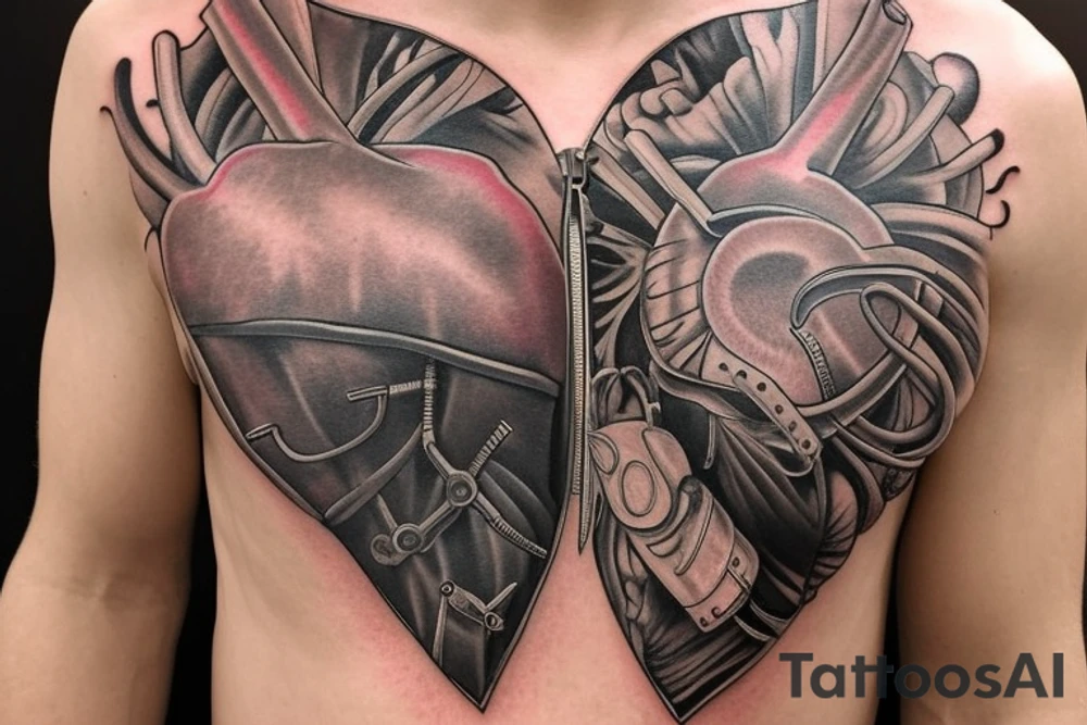 Zipper down the middle of the chest.
Left side of zipper is open most of the way.
A realistic heart being exposed amongst the rest of the inside of the chest
The heart needs to look like it's been through surgey tattoo idea