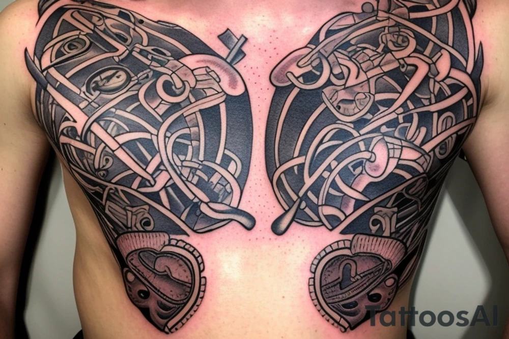 Open zipper down the middle of chest
exposing the inside of the chest cavity.
Main feature being the heart which has had surgery, so needs to look medically repaired. tattoo idea