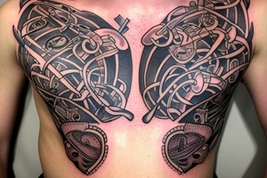 Open zipper down the middle of chest
exposing the inside of the chest cavity.
Main feature being the heart which has had surgery, so needs to look medically repaired. tattoo idea