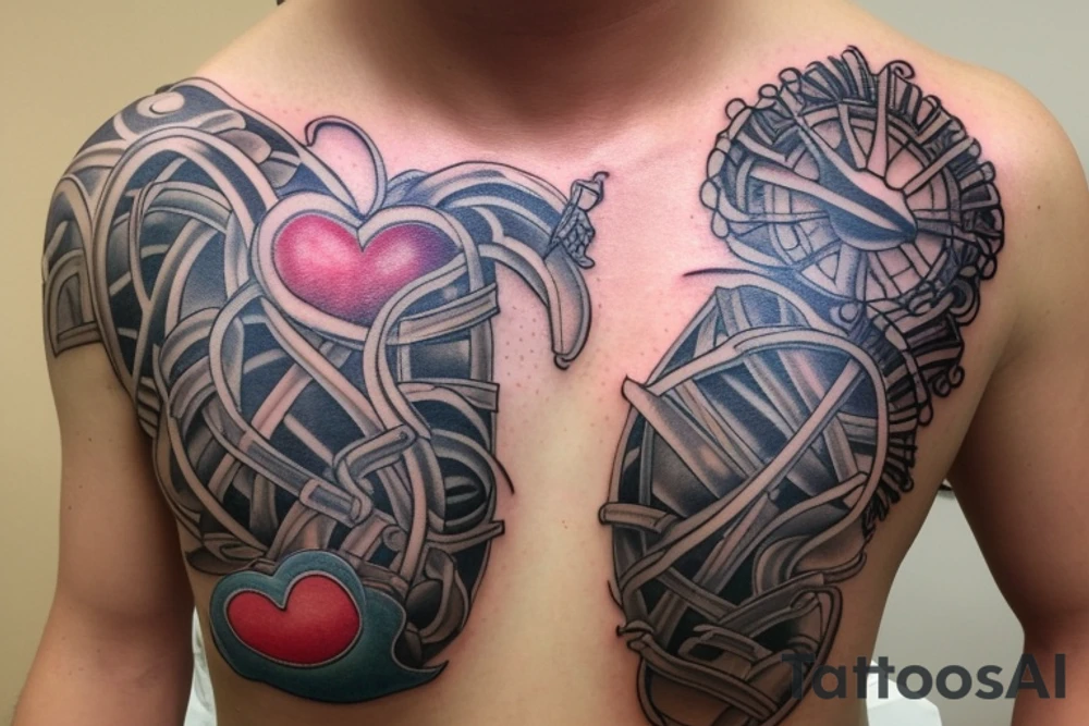 Open zipper down the middle of chest
exposing the inside of the chest cavity.
Main feature being the heart which has had surgery, so needs to look medically repaired. tattoo idea