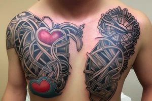 Open zipper down the middle of chest
exposing the inside of the chest cavity.
Main feature being the heart which has had surgery, so needs to look medically repaired. tattoo idea
