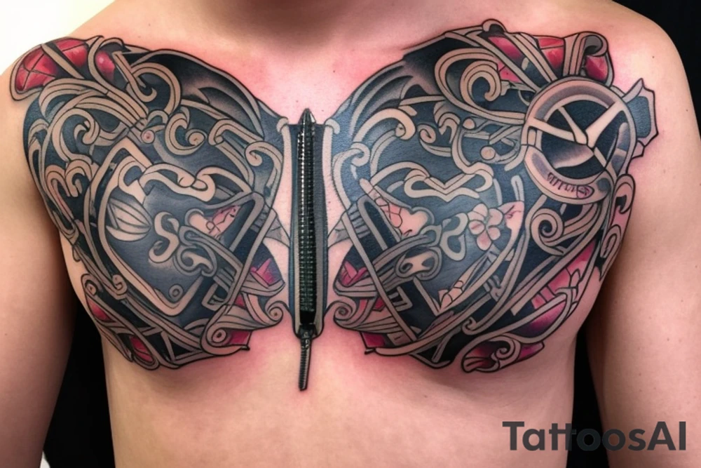 Open zipper down the middle of chest
exposing the inside of the chest cavity.
Main feature being the heart which has had surgery, so needs to look medically repaired. tattoo idea